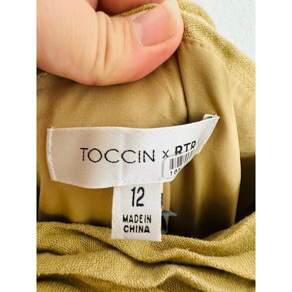TOCCIN Women's Brown Khaki Square Neck Ruched Bodice Tie Waist Midi Dress Size 8 - Picture 6 of 16